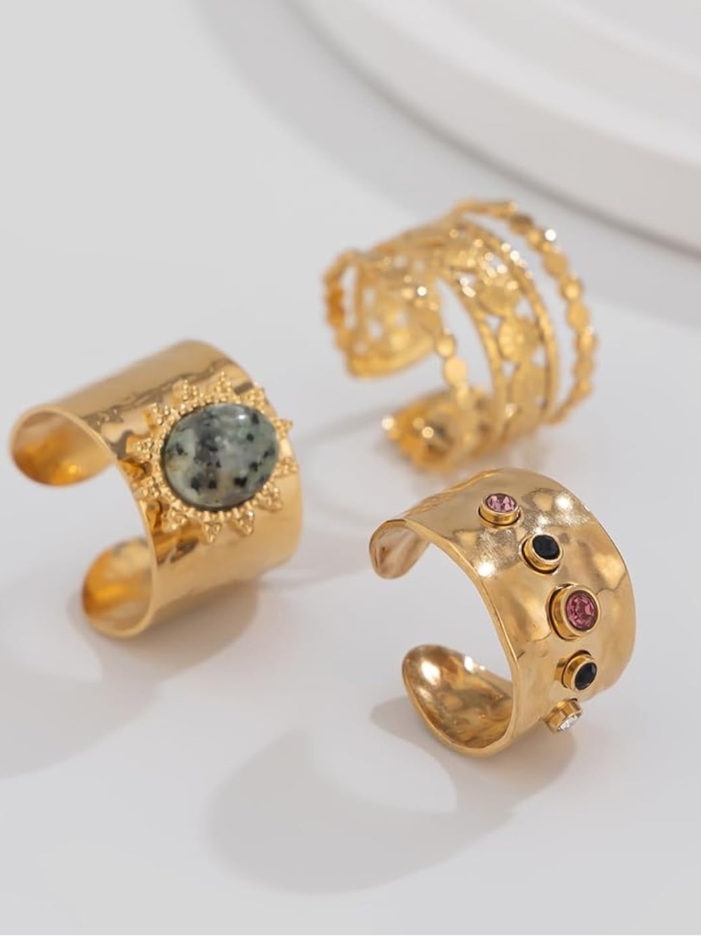 Anthropologie Gold Tone Mixed Stone Wide Band Ring Set - Picture 4 of 6